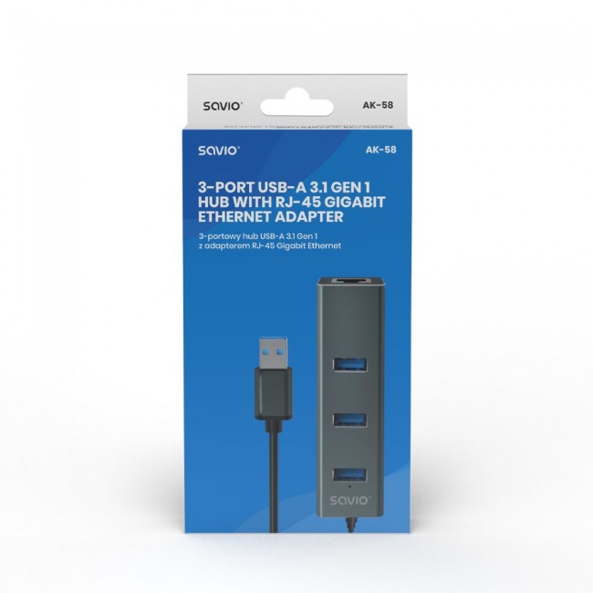 Savio AK-57 USB-A - 3 x USB-A HUB with RJ-45 Gigabit Ethernet adapter 5000 Mbit/s grey USB 3.2 Gen 1 (3.1 Gen 1) Micro-B 5000 Mbit/s