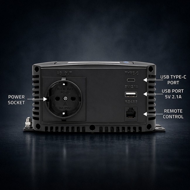 Qoltec Przetwornica napięcia Pure Sine Wave | 12V na 230V | 300/600W | LCD | USB | USB-C | Kompatybilna z LiFePO4 GEL AGM