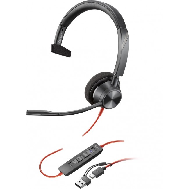 HP Poly Blackwire 3310 Monaural Microsoft Teams Certified USB-C Headset +USB-C/A Adapter