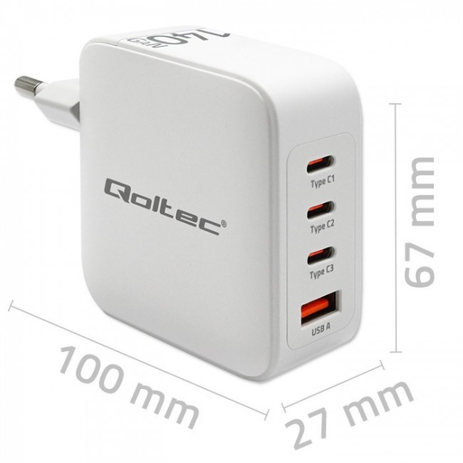 Qoltec 140W GaN Wall Charger | 5-20V | 2.5-5A | 3 x USB-C PD | 1 x USB QC 3.0 | White
