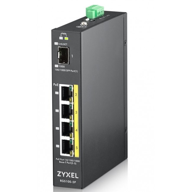 Zyxel RGS100-5P Unmanaged L2 Gigabit Ethernet (10/100/1000) Power over Ethernet (PoE) Black Zyxel RGS100-5P Unmanaged L2 Gigabit Ethernet (10/100/1000) Power over Ethernet (PoE) Black