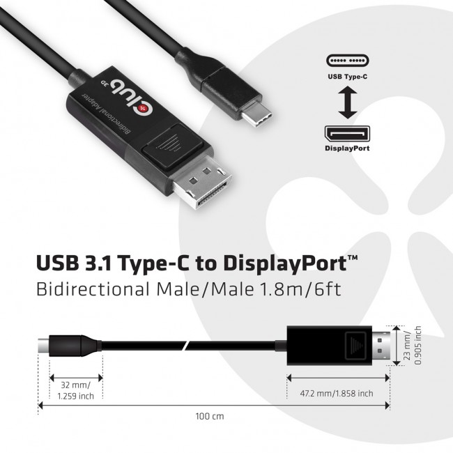 CLUB3D USB Type C Cable to DP 1.4 8K60Hz M/M 1.8m/5.9ft CLUB3D USB Type C Cable to DP 1.4 8K60Hz M/M 1.8m/5.9ft