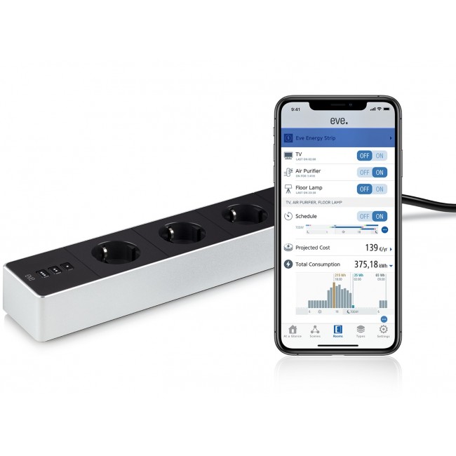 Eve Energy Strip Black, White 3 AC outlet(s) 120-230 V 1.9 m Eve Energy Strip Black, White 3 AC outlet(s) 120-230 V 1.9 m