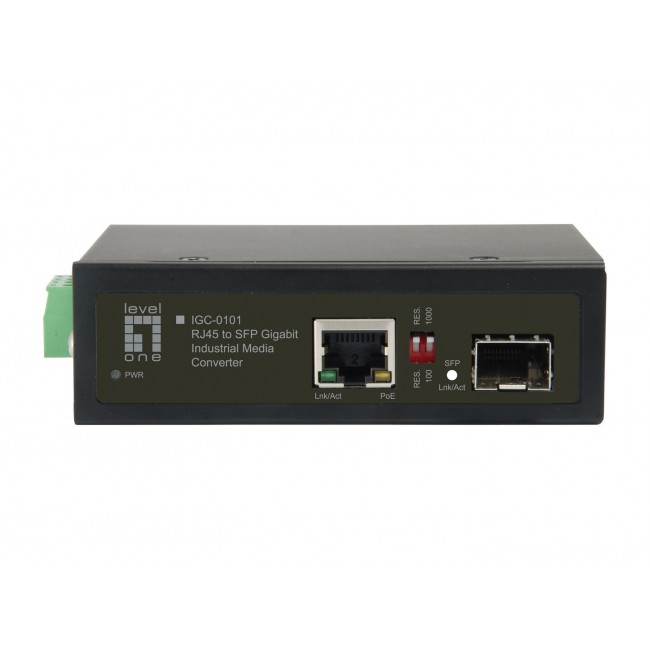 LevelOne RJ45 to SFP Gigabit Industrial Media Converter, 1 PoE Output LevelOne RJ45 to SFP Gigabit Industrial Media Converter, 1 PoE Output