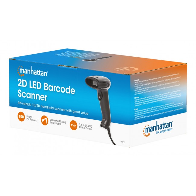 Manhattan Contact CCD Handheld Barcode Scanner, USB, 60mm Scan Width, Cable 152cm, Max Ambient Light 5,000 lux (sunlight), Black, Three Year Warranty