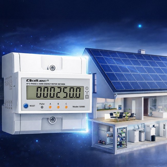 Qoltec 50980 Three-phase electronic meter with reset | DIN rail energy consumption meter | 400V | 100A | LCD | LED | 4P