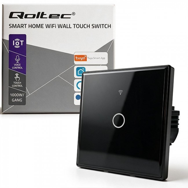 Qoltec 52711 Smart Touch 1-Gang Light Switch | Wi-Fi | Timer | Tuya | Smart Life | Tempered Glass | Black