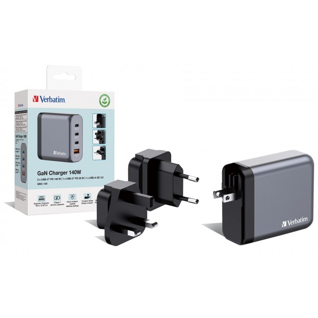 Verbatim GNC-140 GaN Charger 140W with 2 x USB-C PD 140W / 1 x USB-C PD 20W / 1 x USB-A QC 3.0 (EU/UK/US) Verbatim GNC-140 GaN Charger 140W with 2 x USB-C PD 140W / 1 x USB-C PD 20W / 1 x USB-A QC 3.0 (EU/UK/US)
