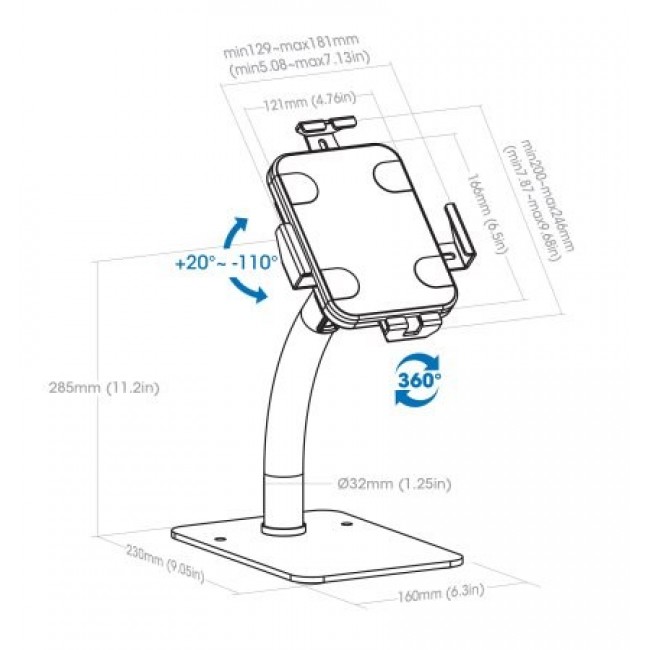Manhattan Desktop Kiosk Stand (Anti theft) for Tablet and iPad, Universal, 360 Rotation, Tilt +20 to -110 , White, Lockable, Countertop Holder for 7.9