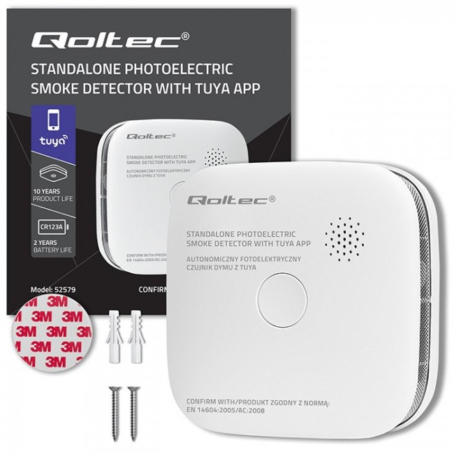 Qoltec 52579 Wireless smoke detector with battery | Tuya | Wi-fi | sensor service life 10 years | alarm 85dB | LED
