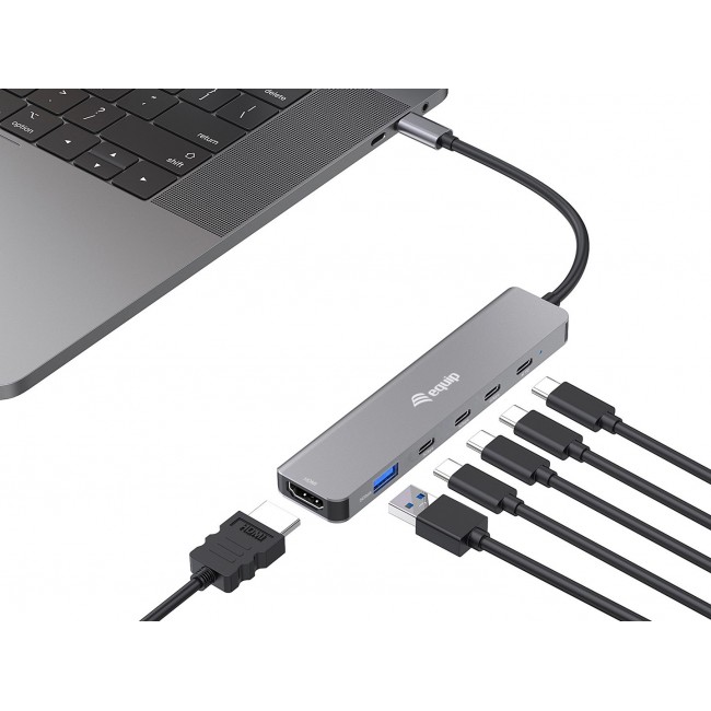 Equip USB-C 6 in 1 Multifunctional Adapter, HDMI 4K/30Hz, USB-C x 4 , USB-A x 1, 5Gbps, 100W USB PD