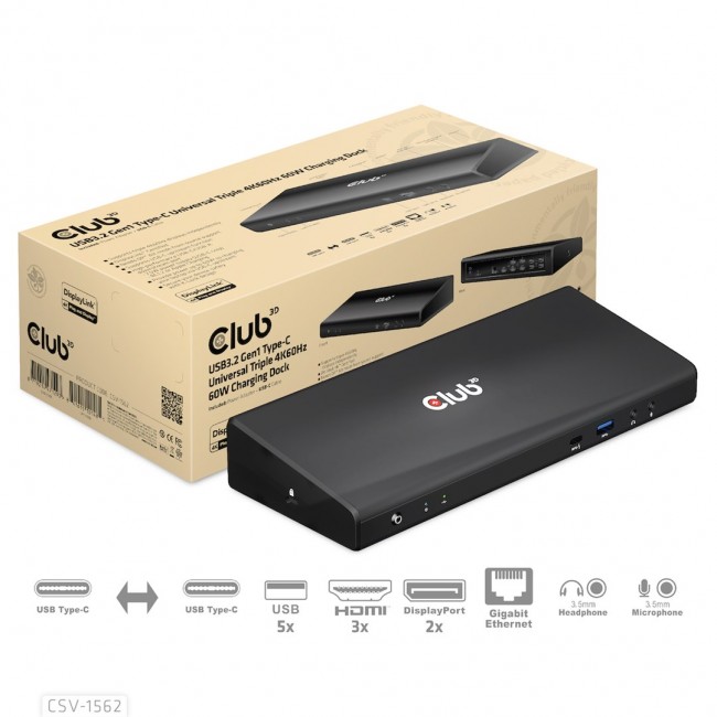 CLUB3D The CSV-1562 is an USB3.2 Gen1 Type-C Universal Triple 4K30Hz Charging Docking Station and is DisplayLink Certified. The Universal Charging Dock CLUB3D The CSV-1562 is an USB3.2 Gen1 Type-C Universal Triple 4K30Hz Charging Docking Station and is DisplayLink Certified. The Universal Charging Dock