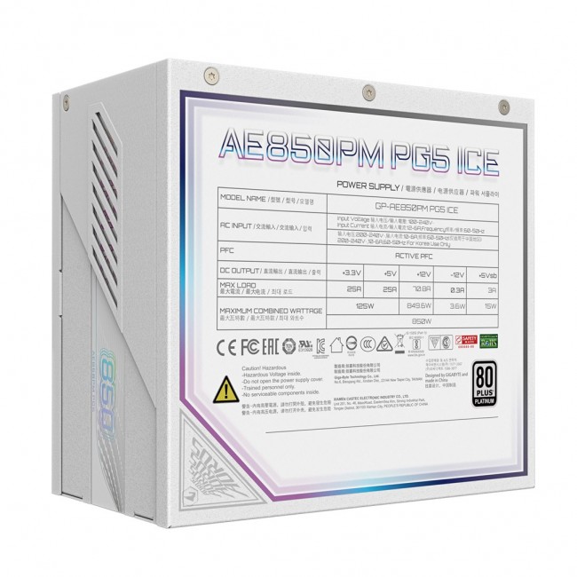 GIGABYTE AORUS ELITE P850W ICE Power Supply - PCIe 5.0, 80 PLUS Platinum, Fully Modular Design, 120mm Fan, ATX 3.0 compatible, EU Plug GIGABYTE AORUS ELITE P850W ICE Power Supply - PCIe 5.0, 80 PLUS Platinum, Fully Modular Design, 120mm Fan, ATX 3.0 compatible, EU Plug