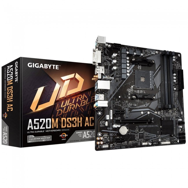 GIGABYTE A520M DS3H AC Motherboard - AMD Ryzen 5000 Series CPUs, 5+3 Phases VRM, up to 4733MHz DDR5 (OC), 1xPCIe 3.0 M.2, GbE LAN, WIFI 5, USB 3.2 Gen 1 GIGABYTE A520M DS3H AC Motherboard - AMD Ryzen 5000 Series CPUs, 5+3 Phases VRM, up to 4733MHz DDR5 (OC), 1xPCIe 3.0 M.2, GbE LAN, WIFI 5, USB 3.2 Gen 1
