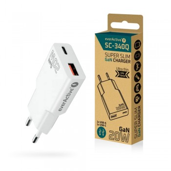 Charger everActive GaN SUPER SLIM SC-340Q USB QC3.0 and USB-C PD 20 W