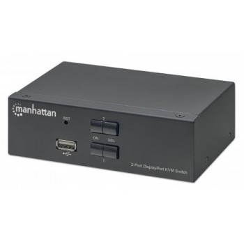 Manhattan DisplayPort 1.2 KVM Switch 2-Port, 4K@60Hz, USB-A/3.5mm Audio/Mic Connections, Cables included, Audio Support, Control 2x computers from one pc/mouse/screen, USB Powered, Black, Three Year Warranty