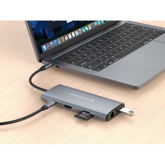 Conceptronic DONN06G 10-in-1 USB 3.2 Gen 1 Docking Station, HDMI, 100W USB PD, USB-C 5Gbps x 2, USB-A 5Gbps x 3, SD, TF/MicroSD, GbE