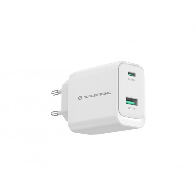 Conceptronic ALTHEA20W45 2-Port 45W GaN USB PD Charger, USB-C x 1, USB-A x 1, QC 3.0, PPS, PD 3.0