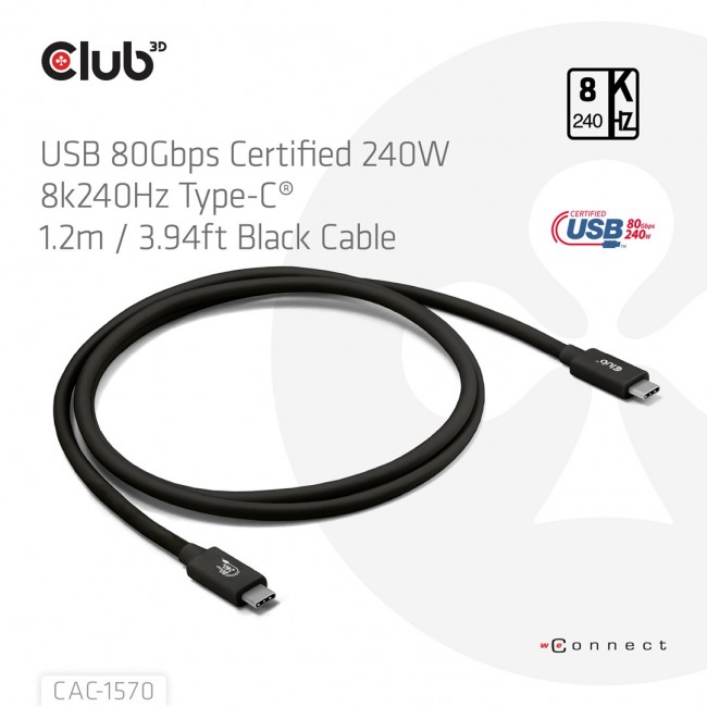 CLUB3D USB 80Gbps Certified 240W 8K240Hz Type-C 1.2m / 3.94ft Black Cable CLUB3D USB 80Gbps Certified 240W 8K240Hz Type-C 1.2m / 3.94ft Black Cable