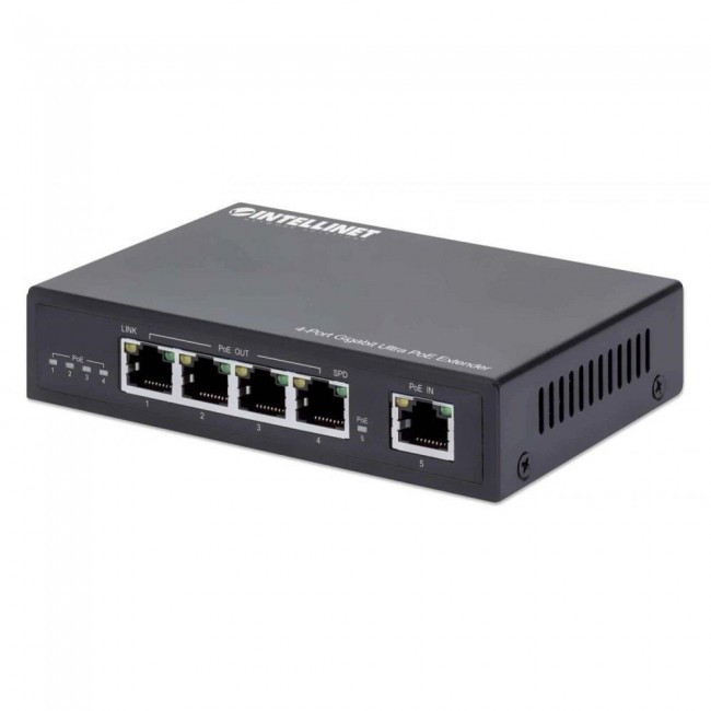 Intellinet 4-Port Gigabit Ultra PoE Extender, Adds up to 100 m (328 ft.) to PoE Range, 90 W PoE Power Budget, Four PSE Ports with up to 30 W Output, IEEE 802.3bt/at/af Compliant, Metal Housing