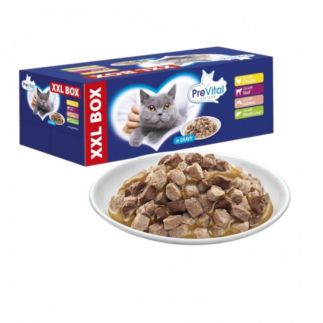 PREVITAL XXL BOX Flavor Mix with Chicken, Veal, Salmon, and Liver in Gravy - Wet Cat Food - 48 x 100g PREVITAL XXL BOX Flavor Mix with Chicken, Veal, Salmon, and Liver in Gravy - Wet Cat Food - 48 x 100g