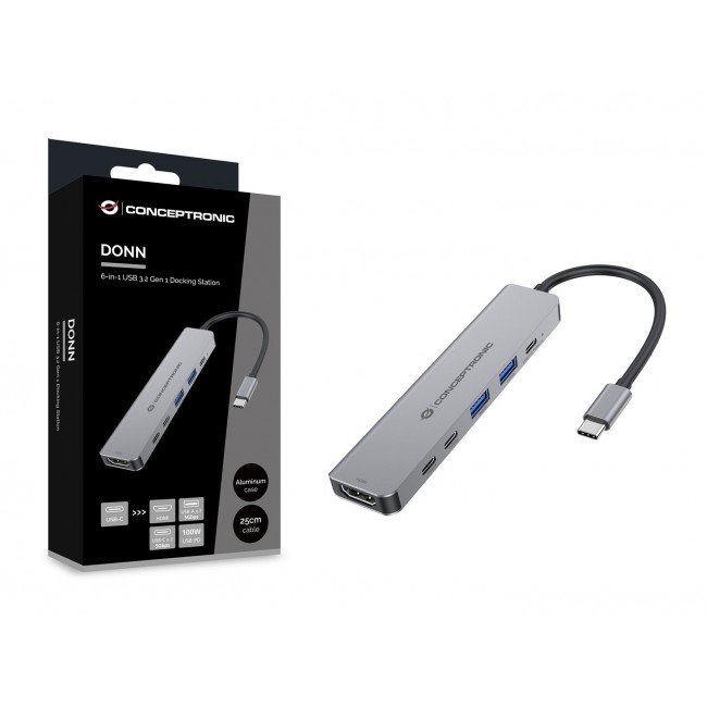Conceptronic DONN33G 6-in-1 USB 3.2 Gen 1 Docking Station, HDMI, USB-A 5Gbps x 2, USB-C 5Gbps x 2, 100W USB PD