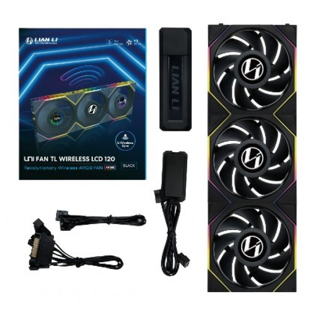 Lian Li UNI FAN TL Wireless LCD Fan, ARGB, PWM, 3-Pack incl. Controller - 120 mm, black Lian Li UNI FAN TL Wireless LCD Fan, ARGB, PWM, 3-Pack incl. Controller - 120 mm, black