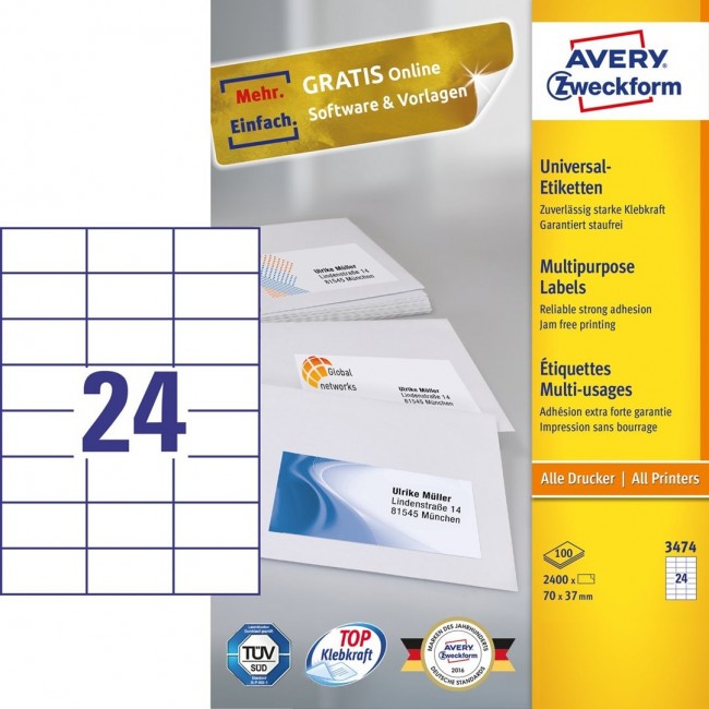 Avery 3474 self-adhesive label Rectangle Permanent White 2400 pc(s) Avery 3474 self-adhesive label Rectangle Permanent White 2400 pc(s)