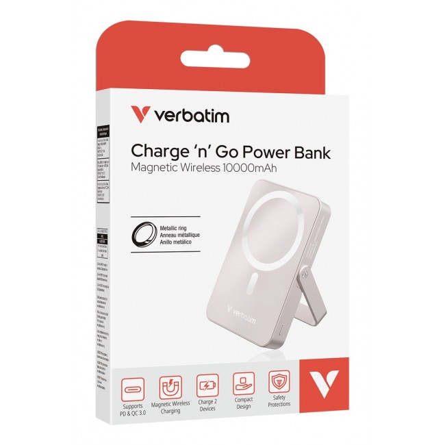 Verbatim Charge 'n' Go Magnetic Wireless Power Bank with stand - 10000 mAh Pink
