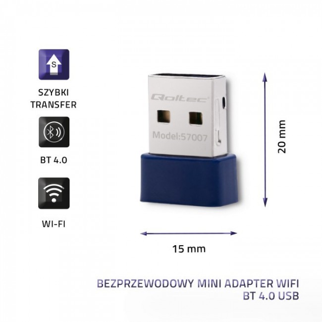 Qoltec 57007 Wireless Mini Bluetooth USB WiFi Adapter Qoltec 57007 Wireless Mini Bluetooth USB WiFi Adapter