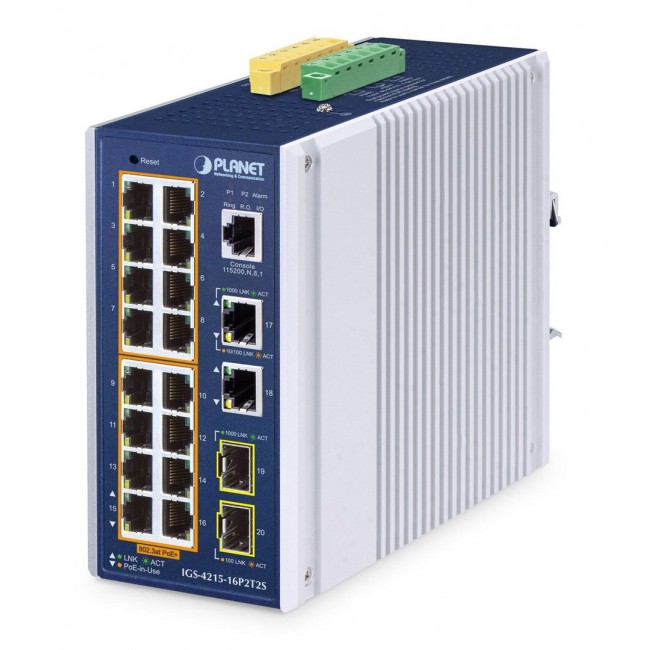 PLANET IP30 Industrial L2/L4 16-Port Managed L2/L4 Gigabit Ethernet (10/100/1000) Power over Ethernet (PoE) Aluminium, Blue