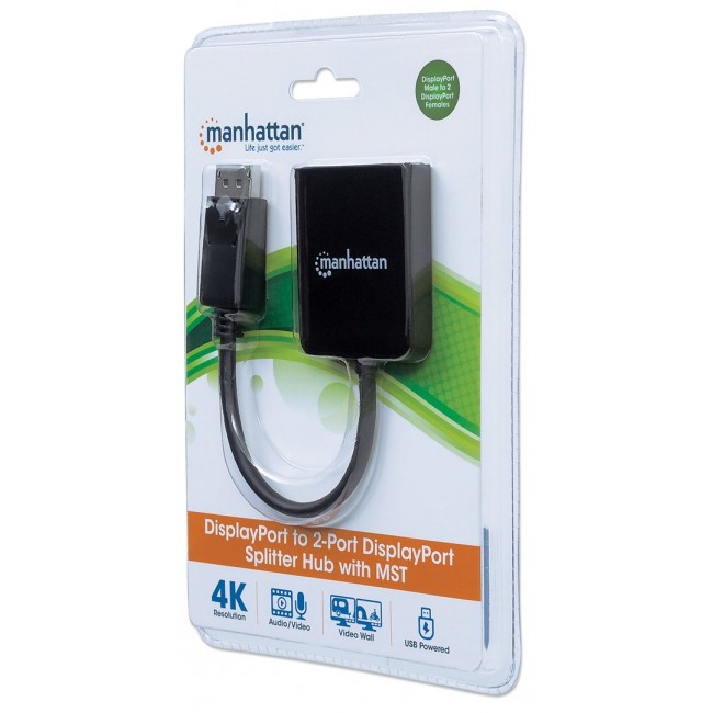 Manhattan DisplayPort 1.2 to 2-Port DisplayPort 1.2 Splitter Hub with MST, 4K@30Hz, USB-A Powered, Video Wall Function, Black, MST Multi-Stream Transport, 3 Year Warranty Manhattan DisplayPort 1.2 to 2-Port DisplayPort 1.2 Splitter Hub with MST, 4K@30Hz, USB-A Powered, Video Wall Function, Black, MST Multi-Stream Transport, 3 Year Warranty