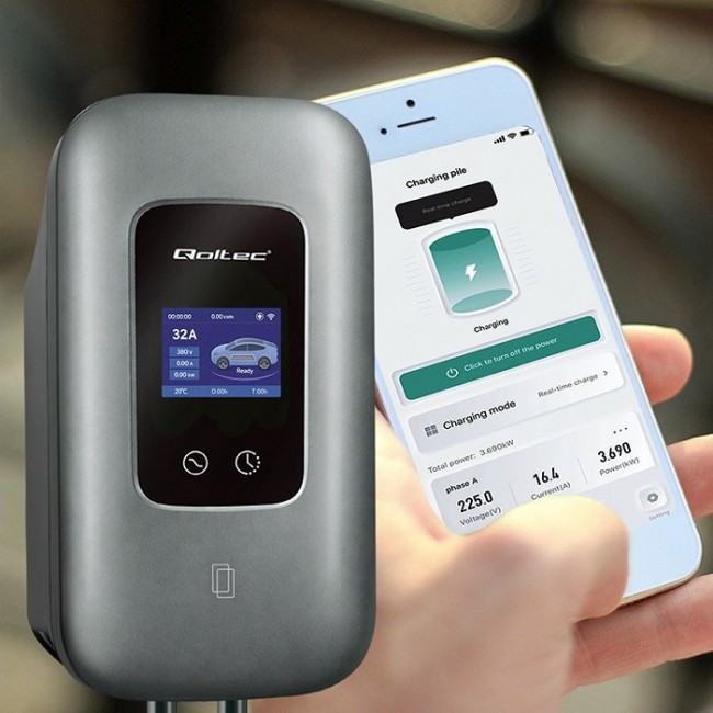 Qoltec Stacja adowania EV Typ2 do samochodu elektrycznego i hybryd | 3 fazy | 22kW | 32A | Wi-fi | LCD | RFID | Smart life | TUYA | Wallbox | 5m Qoltec Stacja adowania EV Typ2 do samochodu elektrycznego i hybryd | 3 fazy | 22kW | 32A | Wi-fi | LCD | RFID | Smart life | TUYA | Wallbox | 5m