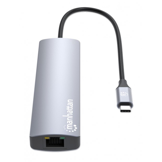 Manhattan USB-C Dock/Hub, Ports (x6): Ethernet, HDMI, USB-A (x3) and USB-C, with Power Delivery (PD) 100W- requires external USB-C charger (not included). USB powered (no external power supply required) when PD is not in use