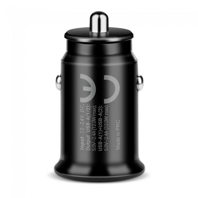 Car charger 2 X USB 12W black + cable USB-C 1m