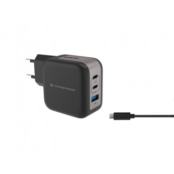 Conceptronic 3-Port 67W GaN USB PD Charger with USB-C Charging Cable, USB-C x 2, USB-A x 1, QC 3.0, PPS Conceptronic 3-Port 67W GaN USB PD Charger with USB-C Charging Cable, USB-C x 2, USB-A x 1, QC 3.0, PPS