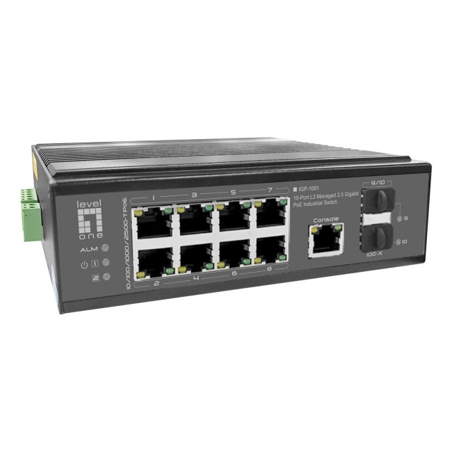 LevelOne IGP-1091 10-Port L3 Managed 2.5 Gigabit PoE Industrial Switch, 2 x 1G/10G SFP+ Uplinks, 8-Port PoE Outputs, Power Budget 480W, 802.3af/at/bt PoE, DIN-Rail, -40 C to 75 C
