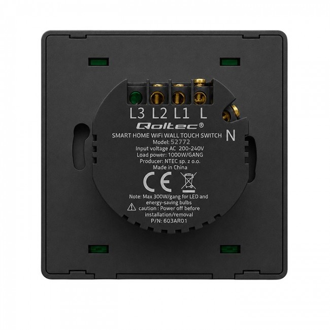 Qoltec 52722 Smart 1-Gang Light Switch | Wi-Fi | Timer | Tuya | Smart life | Black