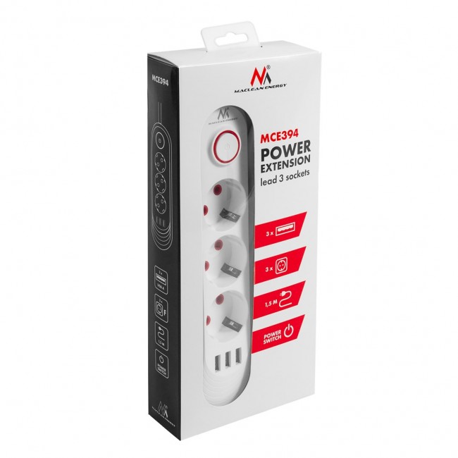 Maclean power strip, 3 socket extension + 3xUSB, 110-240V AC 50/60Hz, 2.1A max 2500W, 1.5m, white, MCE394 W Maclean power strip, 3 socket extension + 3xUSB, 110-240V AC 50/60Hz, 2.1A max 2500W, 1.5m, white, MCE394 W