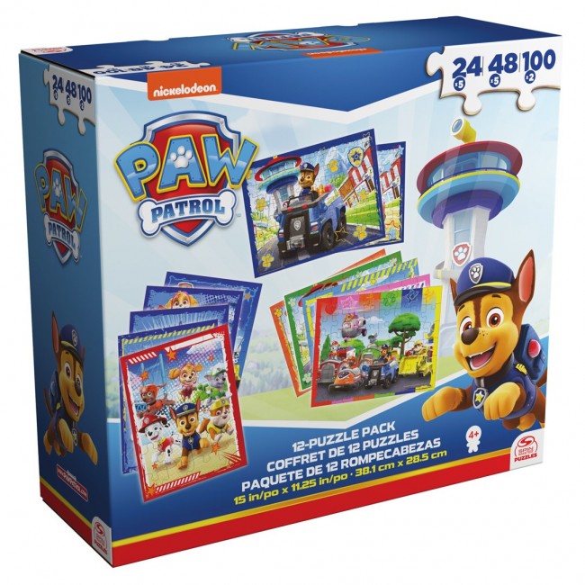 Games PAW Patrol, 12-Puzzle Pack 24-Piece 48-Piece 100-Piece Kids Puzzles Chase Marshall Skye Everest Rubble Zuma Rocky, for Preschoolers Ages 4 and up