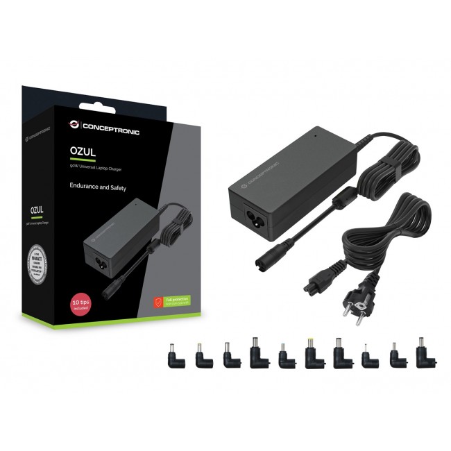 Conceptronic OZUL08B10 90W Universal Laptop Charger, 10 Charging Tips incl.
