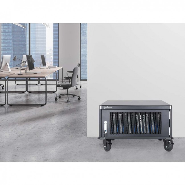 Manhattan Laptop Charging Cabinet Desktop via AC Adapter (EU) 20-bay, Install device's AC Adapter (power cables) into unit, Suitable for ALL laptops (to 16