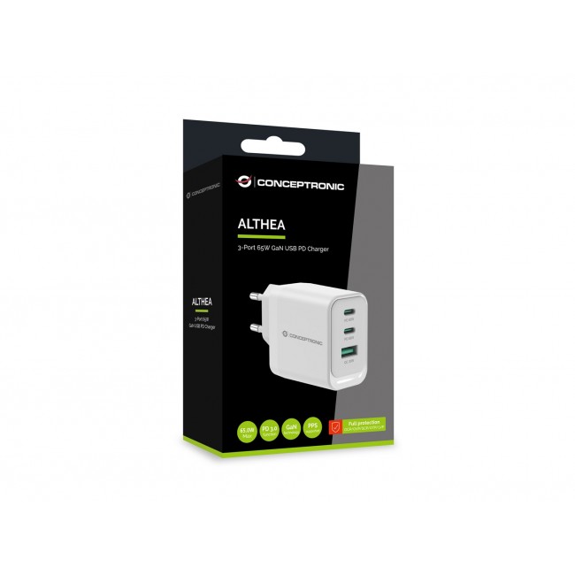 Conceptronic ALTHEA21W65 3-Port 65W GaN USB PD Charger, USB-C x 2, USB-A x 1, QC 3.0, PPS, PD 3.0 Conceptronic ALTHEA21W65 3-Port 65W GaN USB PD Charger, USB-C x 2, USB-A x 1, QC 3.0, PPS, PD 3.0