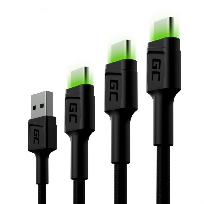 Green Cell Set 3x GC Ray USB-C Cable 30cm, 120cm, 200cm with green LED backlight, fast charging UC, QC 3.0 Green Cell Set 3x GC Ray USB-C Cable 30cm, 120cm, 200cm with green LED backlight, fast charging UC, QC 3.0