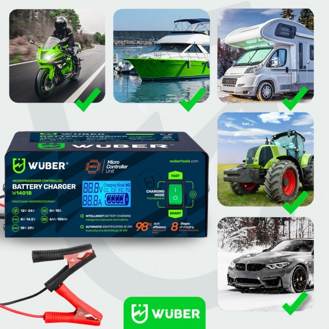 Microprocessor-controlled car battery charger 10 A 6 150 Ah 2 24 V W14018 WUBER