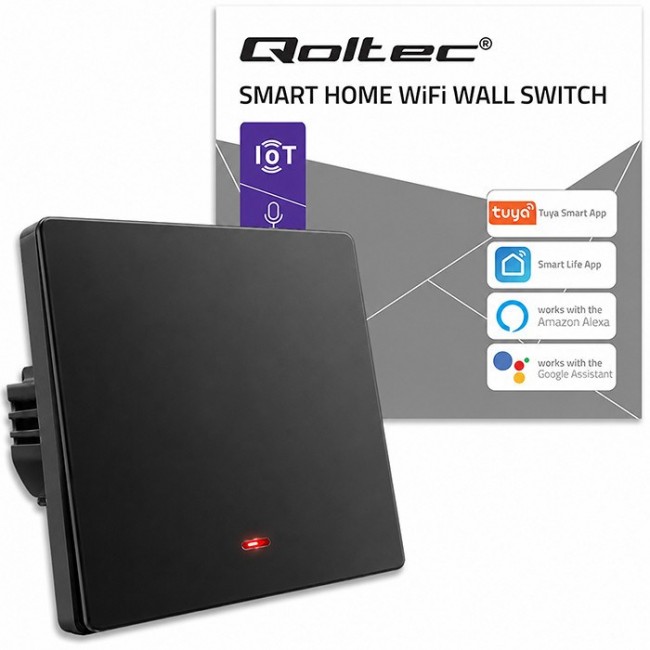 Qoltec 52722 Smart 1-Gang Light Switch | Wi-Fi | Timer | Tuya | Smart life | Black