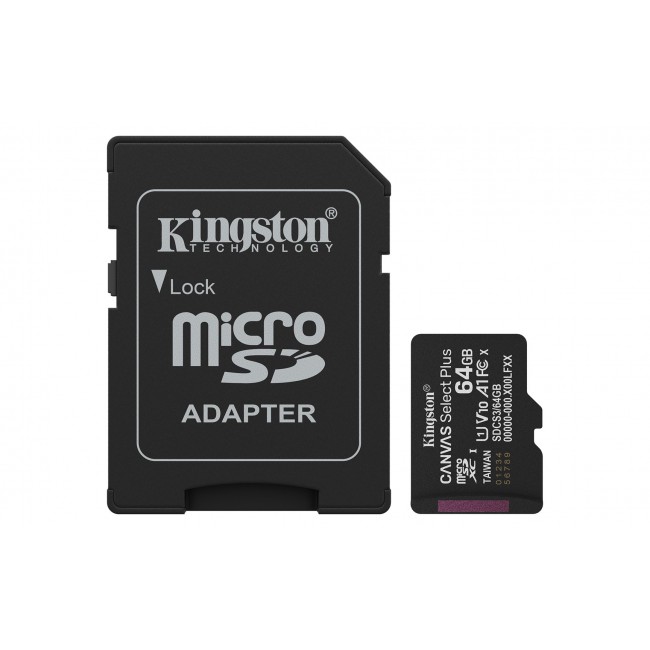 Kingston Technology 64GB microSDXC Canvas Select Plus Gen3 100MB/s A1 Card + Adapter Kingston Technology 64GB microSDXC Canvas Select Plus Gen3 100MB/s A1 Card + Adapter