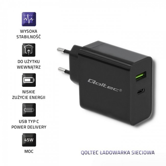 Qoltec 51717 Charger | 45W | 5-20V | 2.25-3A | USB type C PD | USB | Black Qoltec 51717 Charger | 45W | 5-20V | 2.25-3A | USB type C PD | USB | Black