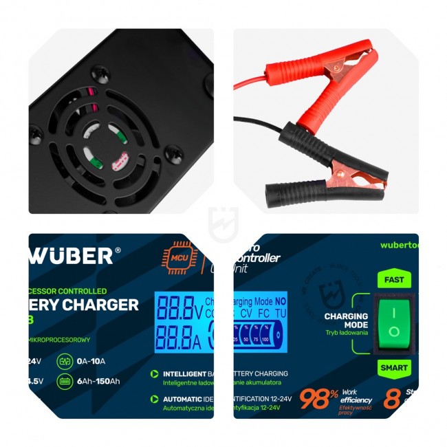Microprocessor-controlled car battery charger 10 A 6 150 Ah 2 24 V W14018 WUBER