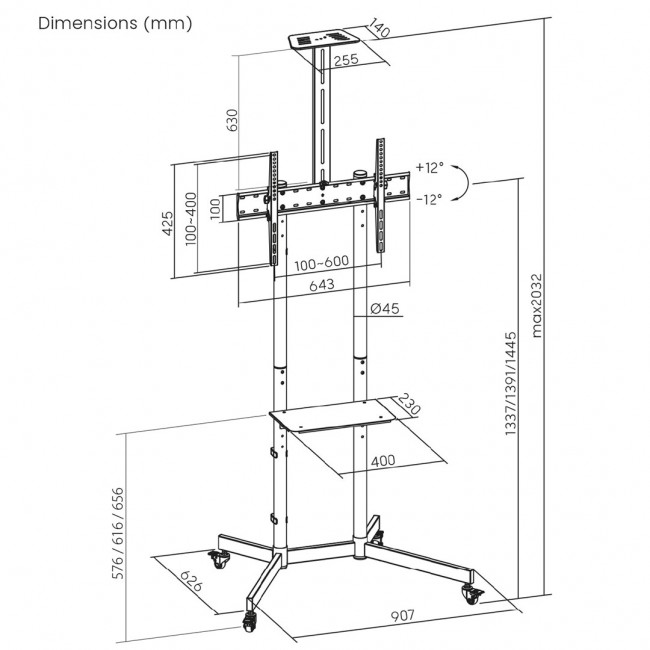 Maclean TV stand / cart, camera shelf, on wheels, 37-70